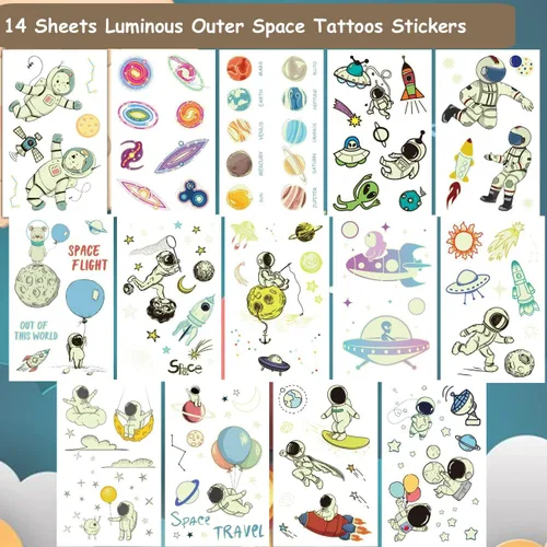 Miniatura 2 de CHARLENT Tatuajes luminosos del espacio exterior para niños, 14 hojas que brillan en la oscuridad, astronauta, planeta, tatuajes temporales