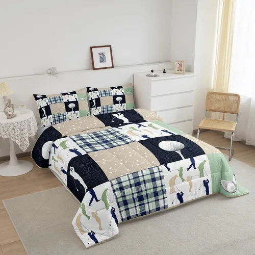 Miniatura 6 de Castle Fairy Juego de edredón de tamaño matrimonial a cuadros de golf, estilo amante de los deportes de pelota, ropa de cama de colección