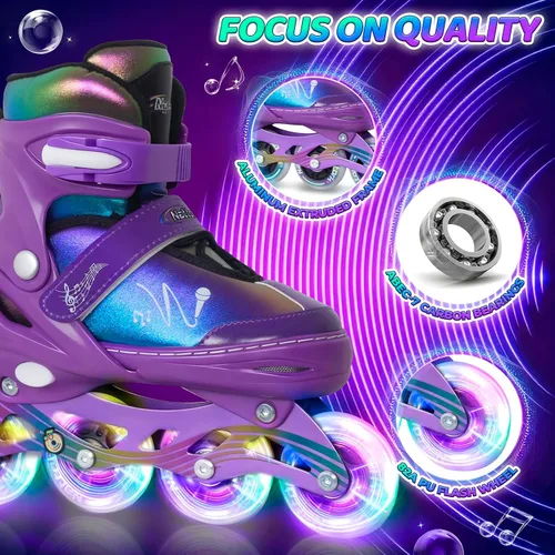 Miniatura 4 de Nattork Patines en línea ajustables para niños y adolescentes con ruedas iluminadas, color degradado, deslizamiento suave Púrpura