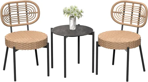 GarveeLife Juego de muebles de mimbre de 3 piezas para patio, sillas de comedor al aire libre, incluye 2 sillas de ratán y mesa de vidrio templado,