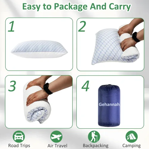 Miniatura 6 de Almohada de Viaje - Paquete de 1 Almohada Grande Compresible para Acampar para Dormir - Espuma de Memoria Triturada con 1 Bolsa de Almacenamiento
