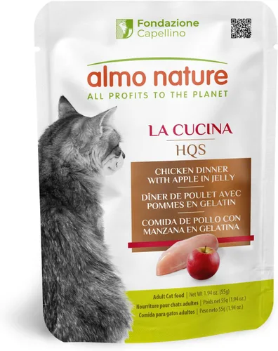 almo nature HQS La Cucina - Pollo con manzana en gelatina, sin granos, sin aditivos, alimento húmedo para gatos adultos, rallado, bolsas, 24 x 55
