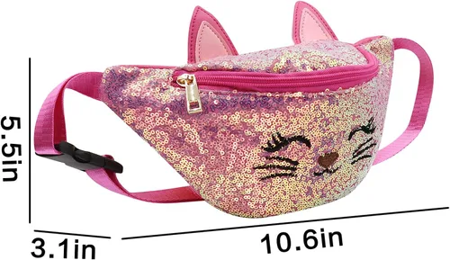 Miniatura 7 de Riñonera con lentejuelas con purpurina para niñas, cinturón ajustable, lindo gato, deportivo, bolsa de viaje para niños y adolescentes