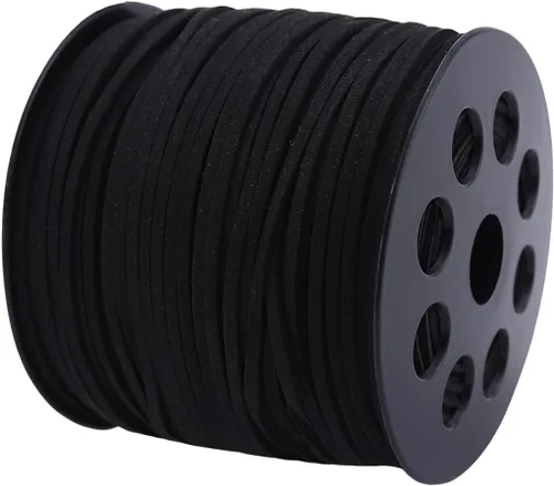 Cordón plano de gamuza de 0.104 in x 100 yardas, cuerda de cuero con carrete en rollo, cordón de piel sintética para hacer joyas, collares, Negro