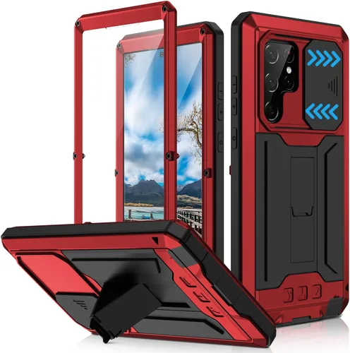 Miniatura 15 de Funda de metal compatible con Samsung Galaxy S22, resistente al polvo, de grado militar, con cubierta deslizante para cámara y soporte plegable
