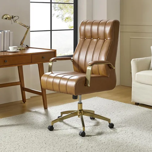 Miniatura 10 de HULALA HOME Silla de oficina ejecutiva moderna, silla de escritorio ergonómica copetuda de piel sintética con base chapada en oro y reposabrazos