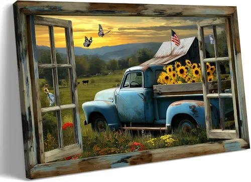 Miniatura 39 de Decoración rústica de granja en lienzo con ventana abierta, impresiones artísticas para pared, pintura de camión viejo, lienzo de granero y bandera
