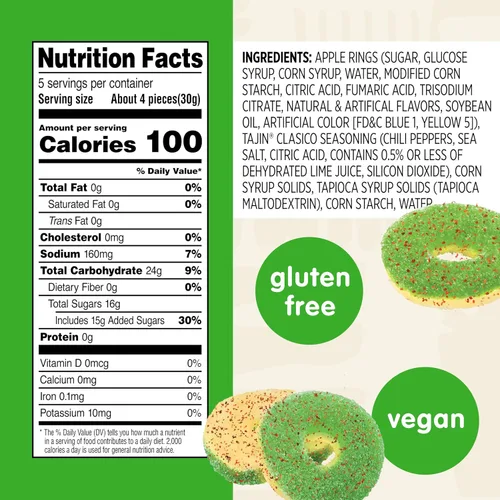 Miniatura 2 de Snak Club Tajin Anillos de Manzana Gomitas de Caramelo, Gomitas de Fruta con Sabor a Chile y Lima, Snacks Leves, Sin Gluten y Veganos, 5 oz Bolsas