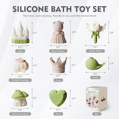 Miniatura 4 de MarcZero Juguetes de Baño de Silicona Princesa 8 Piezas para Niños Pequeños Niños Bebés, Juguetes de Agua para Bañera, Juguetes de Piscina Suaves