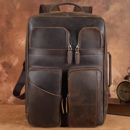 Miniatura 8 de TIDING Mochila para portátil de cuero de grano completo de 17.3 pulgadas para hombres, multibolsillos, casual, mochila de viaje de negocios, Marrón