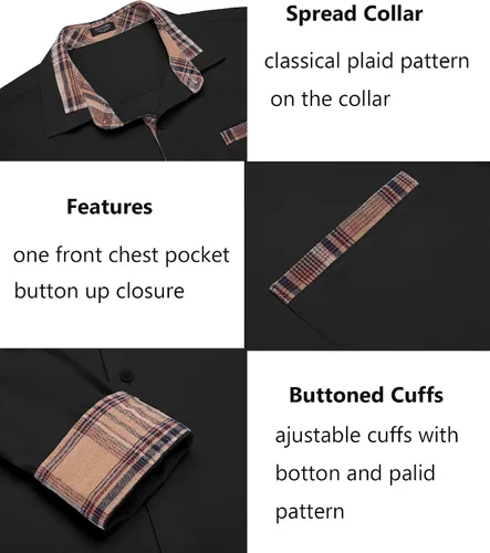 Miniatura 5 de COOFANDY - Camisa de vestir de algodón con mangas largas, botones y cuello a cuadros, de estilo casual, para hombres