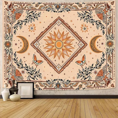 Accnicc Tapiz bohemio de sol y luna, mandala hippie floral, tapiz de pared para dormitorio, estético, vintage, mariposa planta, beige, pequeños