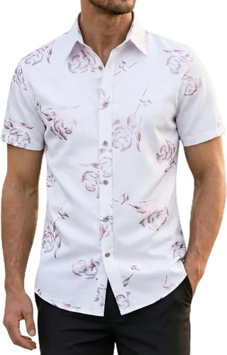 Miniatura 10 de ZEROYAA - Camisas de vestir de manga corta con estampado de rosa dorada para hombre, estilo hipster, calce ajustado, con botones