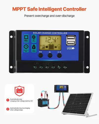 Miniatura 3 de VEVOR 50W 12V Cargador Lento y Mantenedor para Batería Solar, Cargador de Batería de Panel Solar Mono con Controlador MPPT Mejorado y Soporte