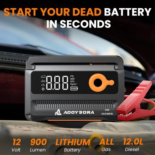 Miniatura 2 de Arrancador de batería de coche 9 en 1 6000A con compresor de aire 26800mAh, caja de salto portátil de 150PSI 12V con inflador de neumáticos