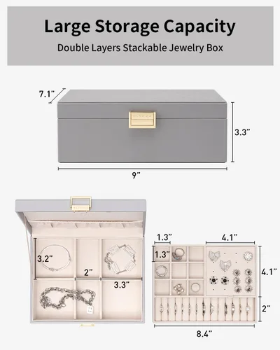 Miniatura 6 de Vlando - Joyero de 2 capas, joyero organizador grande para mujeres, bandeja de joyería removible para collares, aretes, anillos, pulseras, joyeros