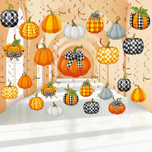 Dianelhall 54 decoraciones de fiesta de otoño, decoraciones de remolinos colgantes de Acción de Gracias, recortes de calabaza y arce, remolinos