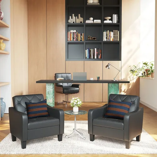 Miniatura 4 de STHOUYN Juego de 2 sillas con brazos para sala de estar, silla decorativa de piel sintética negra, sillas de sala de espera, silla de lectura