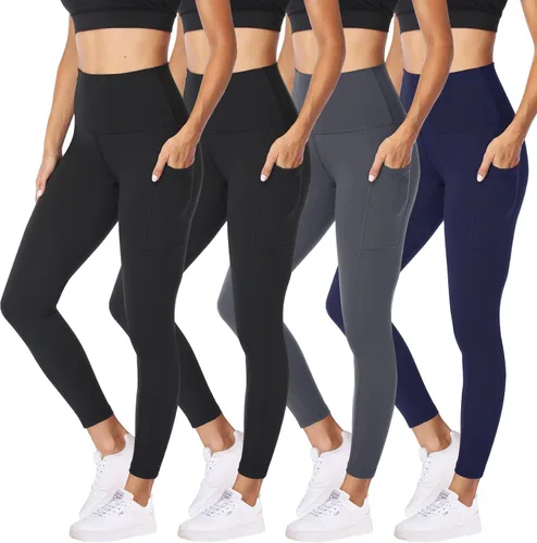 Miniatura 82 de NexiEpoch - Paquete de 4 leggings suaves para mujer, con bolsillos, control de abdomen y cintura alta, pantalones capri para yoga y ejercicio