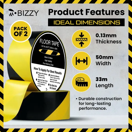 Miniatura 2 de Bizzy Cinta de seguridad negra y amarilla de 2 pulgadas x 108 pies industrial Cinta de precaución amarilla y negra para piso, cinta de cuidado