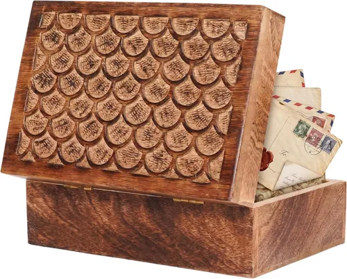 Mela Artisans Caja de Madera de Mango con Tallado Festoneado con Tapa - Caja Mediana Quemada Extra Grande - Caja Decorativa Hecha a Mano con Tapa