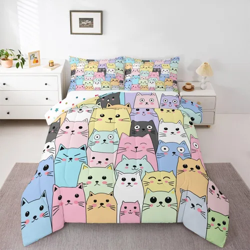 Miniatura 10 de Feelyou Juego de edredón para niños, diseño de gatos de dibujos animados, tamaño twin, lindo juego de ropa de cama de gatitos para adolescentes