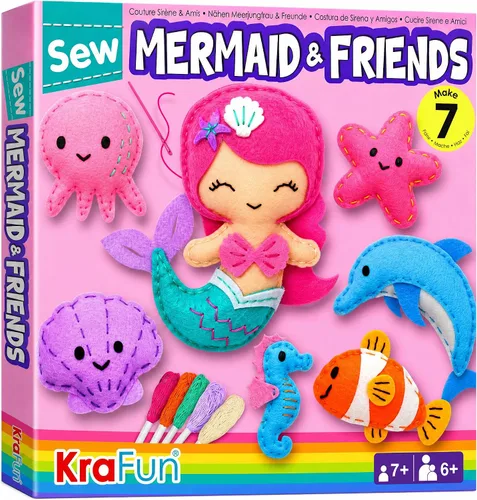 KRAFUN Kit de costura de animales marinos de sirena para principiantes, kit de arte y manualidades, incluye 5 muñecas de felpa suave, instrucciones