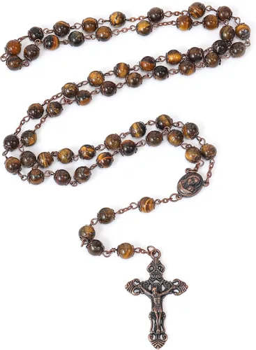 Miniatura 2 de Nazareth Store Collar de rosario con cuentas de piedra natural, 0.315 in, diseño de cobre antiguo, medalla de suelo sagrado y cruz en bolsa