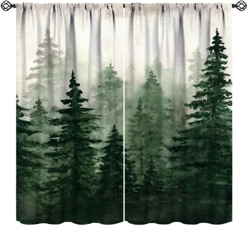 Miniatura 15 de BAEKJIN Cortinas verdes de bosque brumoso, acuarela, naturaleza, paisaje, plantas, árbol, bolsillo para barra, opacas, tratamiento de ventana