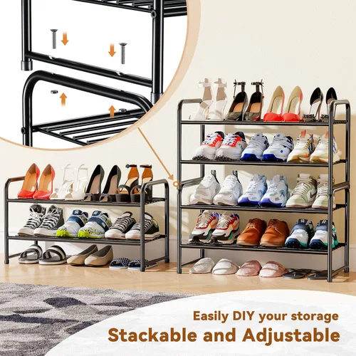 Miniatura 3 de Zapatero simple de 2 niveles y 27 pulgadas de ancho, estante organizador de zapatos de metal resistente para entrada, puerta delantera, color negro