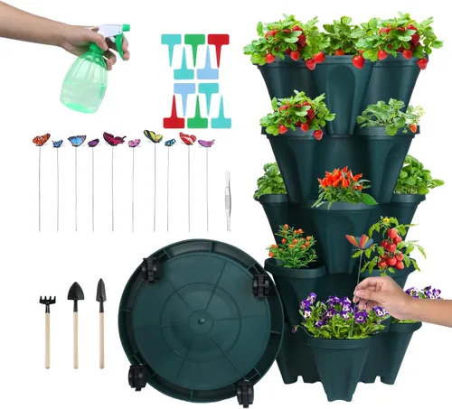 Miniatura 11 de Macetas apilables de polipropileno DUNCHATY, de 5 niveles, verde pino, para interior/exterior, 29" de altura x 13.6" de diámetro 2-1 Paquete