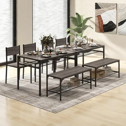 Miniatura 6 de COSTWAY Juego de mesa de comedor de 4 piezas, mesa de cocina y 2 sillas para 4 con banco, estantes de almacenamiento, marco de metal y diseño que