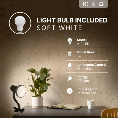 Miniatura 4 de Xtricity Lámpara LED de escritorio con clip con cuello de ganso flexible de 360°, luz de lectura para cabecera de cama, bombilla A19 de 6 W