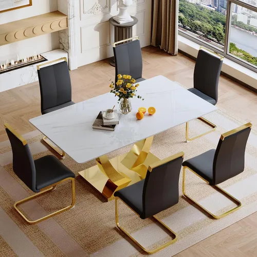 Miniatura 26 de Juego de mesa de comedor para 4, mesa de comedor de mármol sintético de 63 pulgadas con patas y base de acero inoxidable, sillas acolchadas
