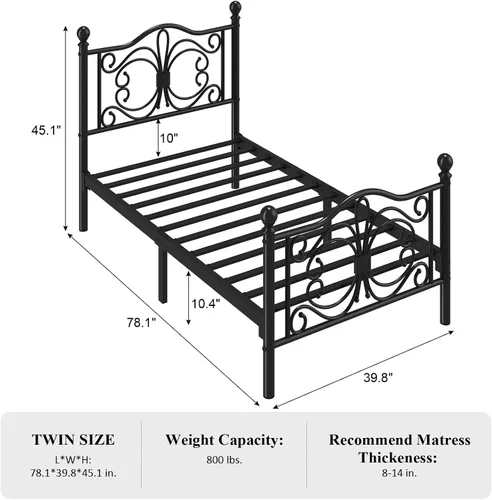 Miniatura 2 de E-Motie Base de cama de plataforma de metal tamaño individual con cabecero y estribo de diseño de mariposa/base de colchón/almacenamiento debajo