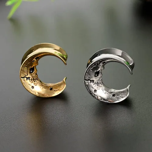 Miniatura 4 de COOEAR 1 par de expansores de oreja estilo luna, dilatadores de oreja de acero inoxidable con diseño de calavera de 0.00oz a 1 pulgada