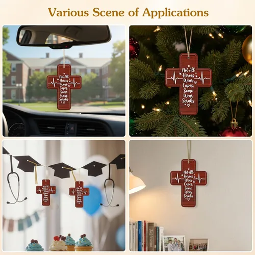 Miniatura 6 de FLYAB Regalos de enfermera para mujer, adorno de cruz Not All Heroes Wear Capes Some Wear Scrubs de madera y acrílico, decoración de árbol