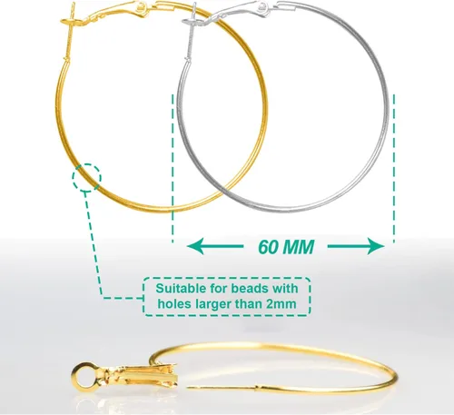 Miniatura 2 de 60 piezas de accesorios para aretes de aro, aretes de acero inoxidable, cuentas redondas, aretes abiertos, aros para cuentas para hacer joyas, 2.362