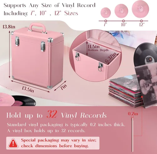 Miniatura 5 de Caja de almacenamiento de discos de vinilo Hododou con candado Organizador de discos Almacenamiento para más de 30 discos individuales de 12 Rosa
