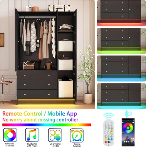 Miniatura 3 de Armario LED de 3 puertas con espejo, armario de madera moderno de 75 pulgadas de alto con 3 cajones, armario de almacenamiento de ropa independiente
