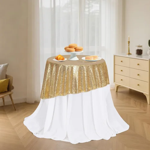 Miniatura 7 de PartyDelight Mantel de lentejuelas redondo de 50 pulgadas, color dorado claro, adorno de mesa para decoración de bodas, fiestas, cumpleaños