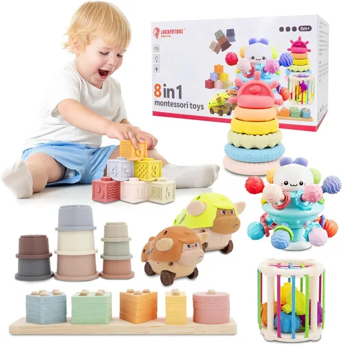 LUCKFUTURE Juguetes para Bebés de 6 a 18 Meses, Set de Juguetes Montessori 8 en 1, Juguete Educativo de Aprendizaje para Niños Pequeños Bebés