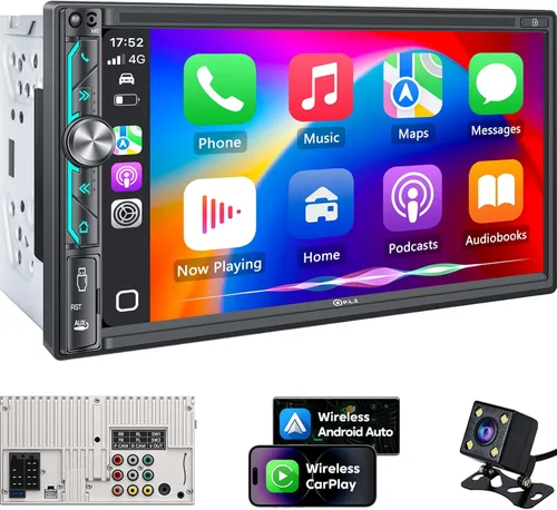PLZ Radio de estéreo de coche de 7" inalámbrico de doble DIN Apple Carplay para receptores de audio de coche, Bluetooth, pantalla táctil Car Play