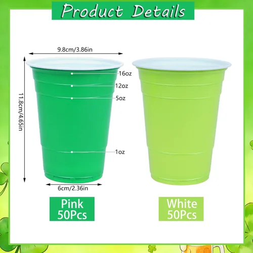 Miniatura 3 de Paquete de 100 vasos de plástico de 16 onzas para el Día de San Patricio, vasos desechables de fiesta verdes y verde claro a granel, vasos