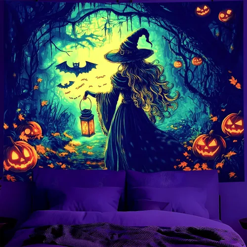 Miniatura 33 de BVBOX Tapiz de Halloween con luz negra, reactivo a los rayos UV que brilla en la oscuridad, póster de tapiz trippy con luz negra para sala de estar