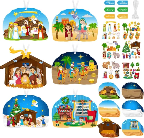 Paquete de 36 kits de manualidades navideñas para hacer un pesebre navideño cristiano. Adornos colgantes de escena del pesebre. Kits de manualidades