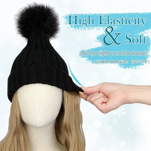 Miniatura 4 de Gorro de peluca con extensiones de cabello largo ondulado – Gorro de punto acanalado con pompón unido 14 pulgadas rizado sintético postizo