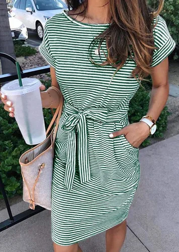 Miniatura 2 de MEROKEETY - Vestido de verano con manga corta, a rayas, casual, estilo camiseta, con lazo en la cintura y bolsillos, para mujer