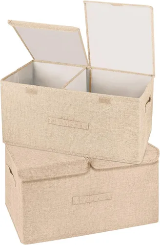 Paquete de 2 cajas de almacenamiento grandes con tapas y asas, contenedores organizadores plegables de lino, canastas con divisor extraíble para el