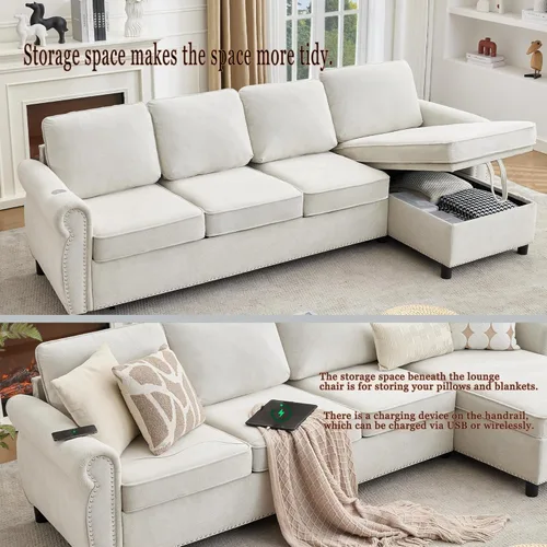 Miniatura 5 de 106" L Shaped Pull Out Sofa Bed, Modern Modular 4 Seater Storage Couch, 2-in-1 Sleeper Sofa Bed with Reversible Chaise and Wireless&USB Ports
